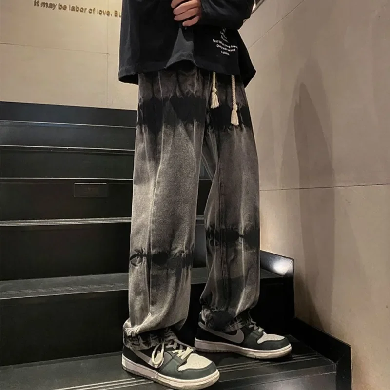 

Straight Men's Jeans Tie-dye Trousers Denim 2025 Trend Original Grunge Y2k Korean Style 90s Streetwear Vintage Male Cowboy Pants