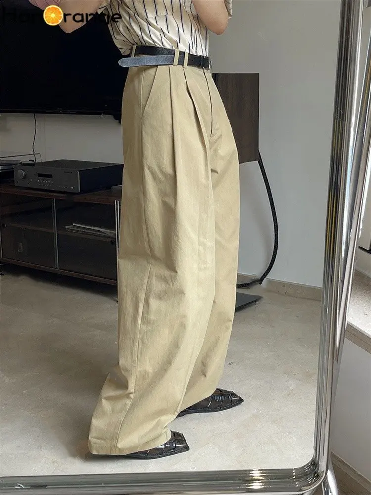 

HanOrange 2026 Весна-Лето Простые женские брюки с высокой талией из лиоцелла, широкие прямые брюки свободного кроя, белые/хаки