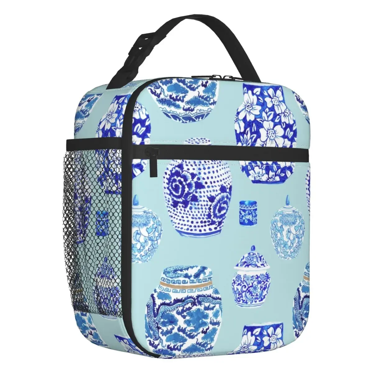 Chinoiserie Blue Porcelain Thermal Insulated Lunch Bag Delft Blue Oriental Style Portable Lunch Tote for Work Storage Food Box