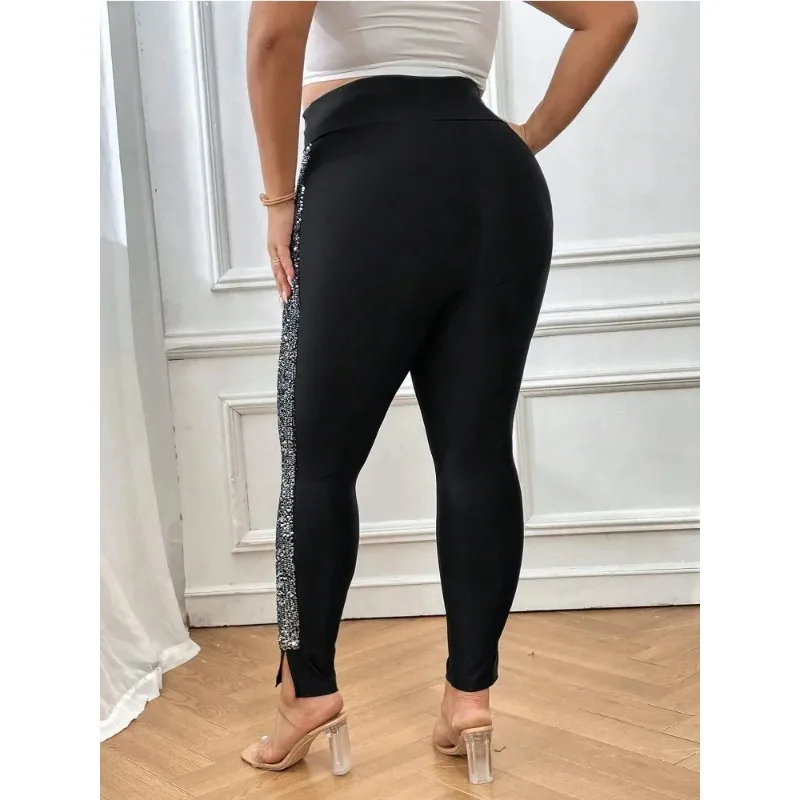 Damski 1XL-5XL Plus Size elegancki jednolity kolor elastyczne legginsy modne cekiny boczny szew obcisłe spodnie odzież damska