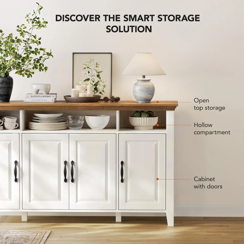 خزانة بوفيه أمادا مع مساحة تخزين، خزانة تخزين جانبية كبيرة مقاس 55 بوصة مع أرفف قابلة للتعديل، 4 أبواب، قهوة المزرعة الحديثة #4