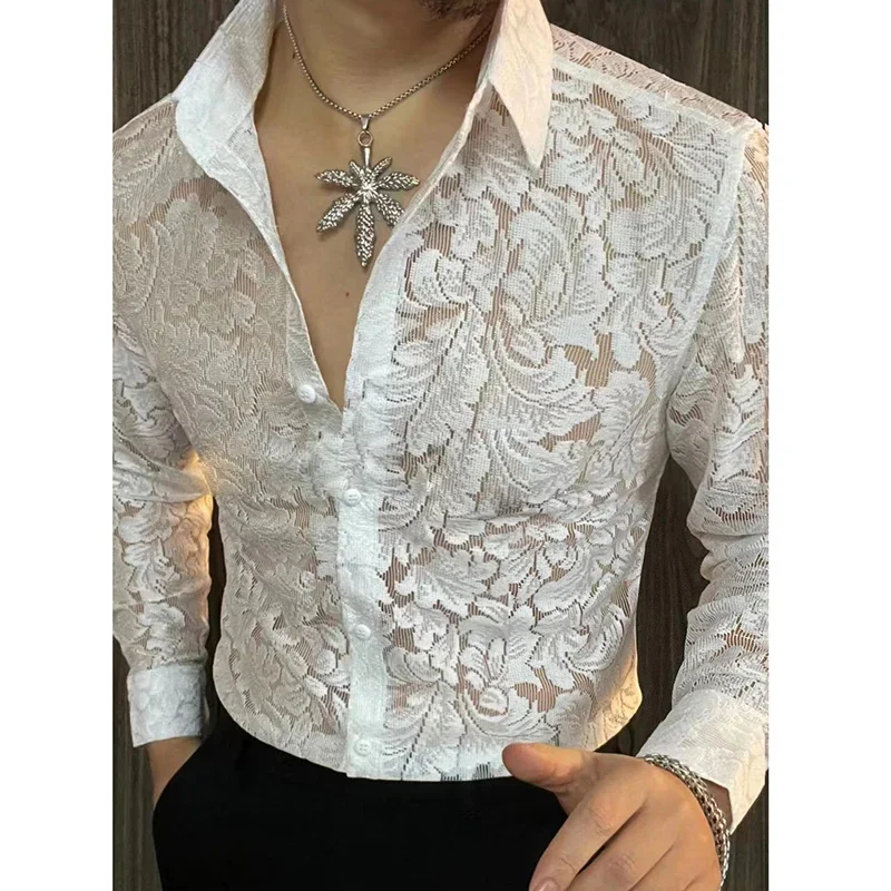 Men's Slim Fit Shirt Spring Semi Transparent Long Sleeved Men Nightclub Sexy Casual Social Party Tuxedo Stage Singer