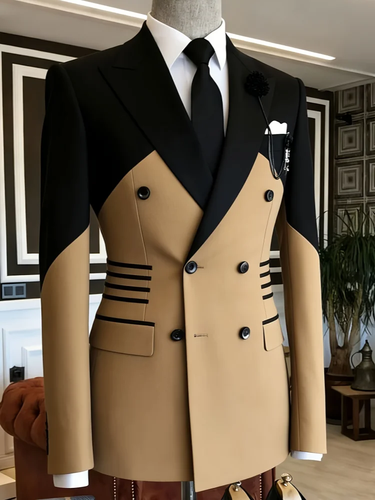 Men Casual Business Blazer Slim Fit Color Block Double Breasted Peak Lapel Waist Striped Formal Wedding Groom Party Jacket
