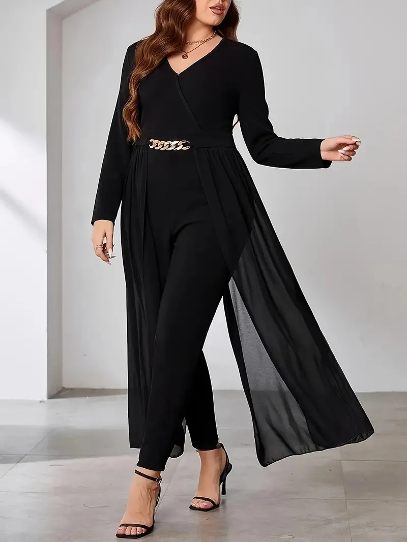 GIBSIE Plus Size nero elegante scollo a v manica lunga tute donna primavera Fashion Party vita alta Slim Office Ladies tuta