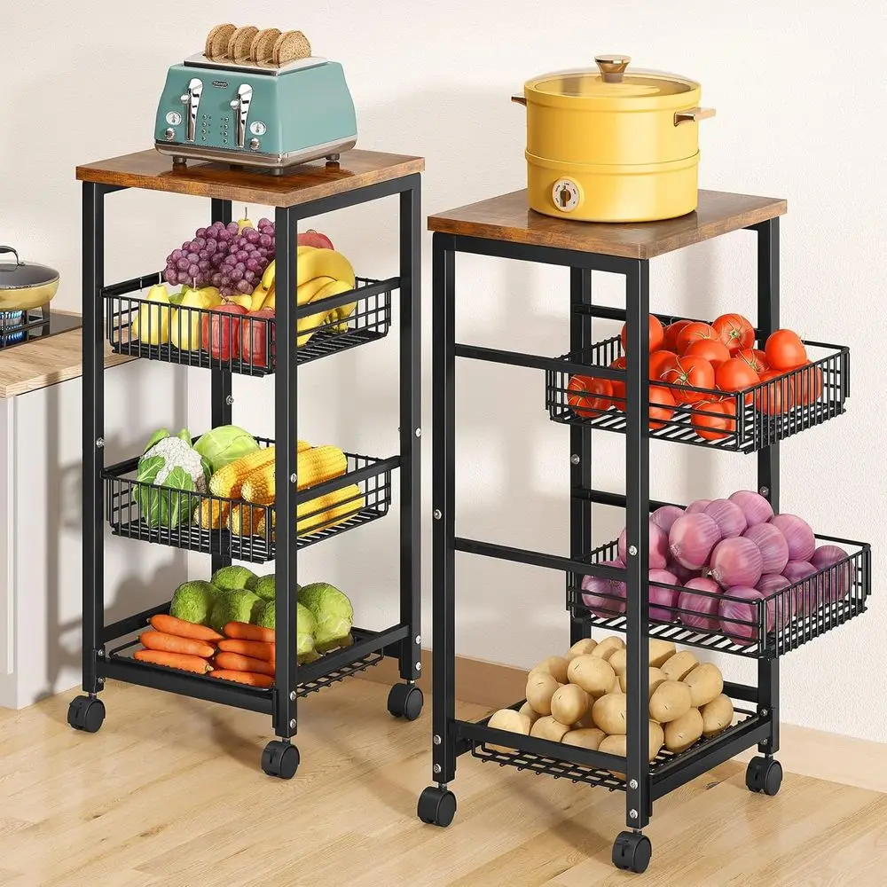 

ruit Basket Vegetable Stand or Kitchen Pantry, Pull Out Metal Wire Basket with Wood Top or ruit Vegetable Onions Potatoes Snacks