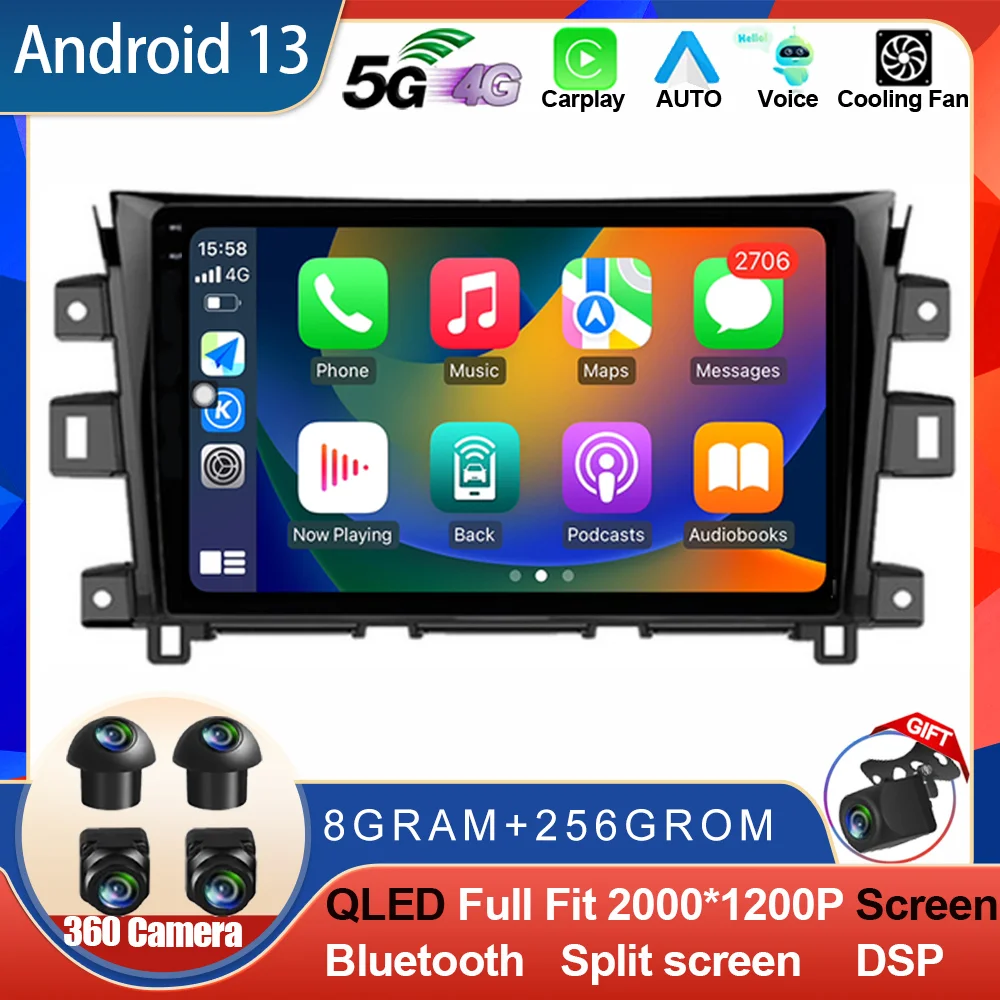 Android 13 Leitor Multimédia Automóvel, CarPlay, Rádio, GPS, Autoradio, Wi-Fi, DSP, Navi, 4G, NAVARA, Frontier, NP300, 2015-2018