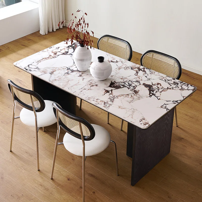 French retro Burgers purple rock slab dining table modern light luxury simple home rectangular black solid wood dining table and