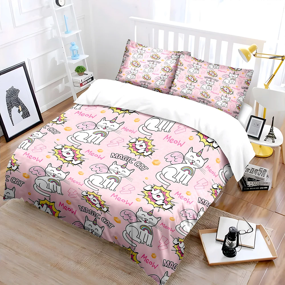 Magic unicorn cats and rainbow background Print Bedding Set 1 Duvet Cover 2 Pillowcases for Adult Children Luxury Gift Full Size