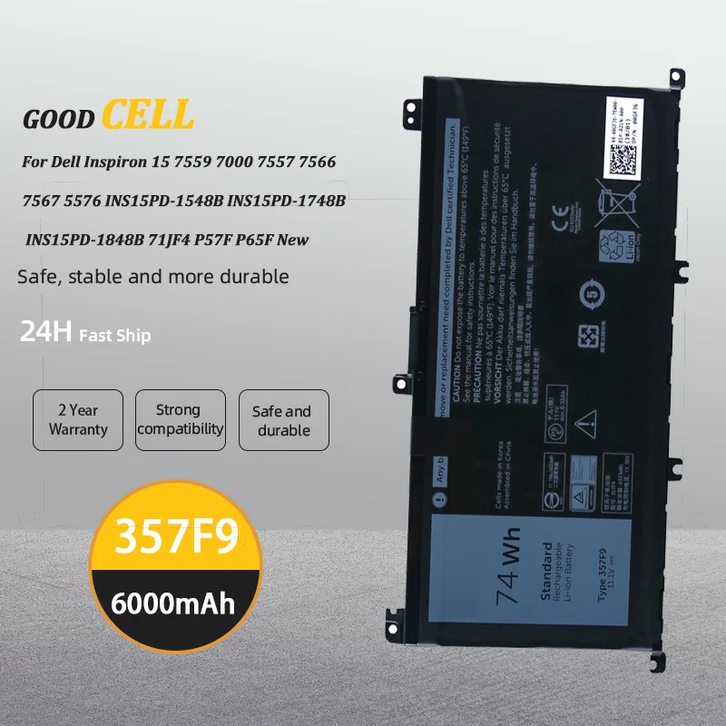 NEW 357F9 11.4V 74Wh Battery For DELL Inspiron 15 Gaming 5576 5577 7566 7567 7000 7557 7559 P65F P57F P65F001 P57F001 Laptop