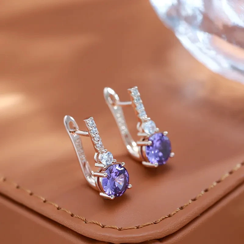 Wbmqda Fashion Round Purple Natural Zircon Drop Earrings For Women 585 Rose Gold Color Fine English Lock Jewelry Accessories