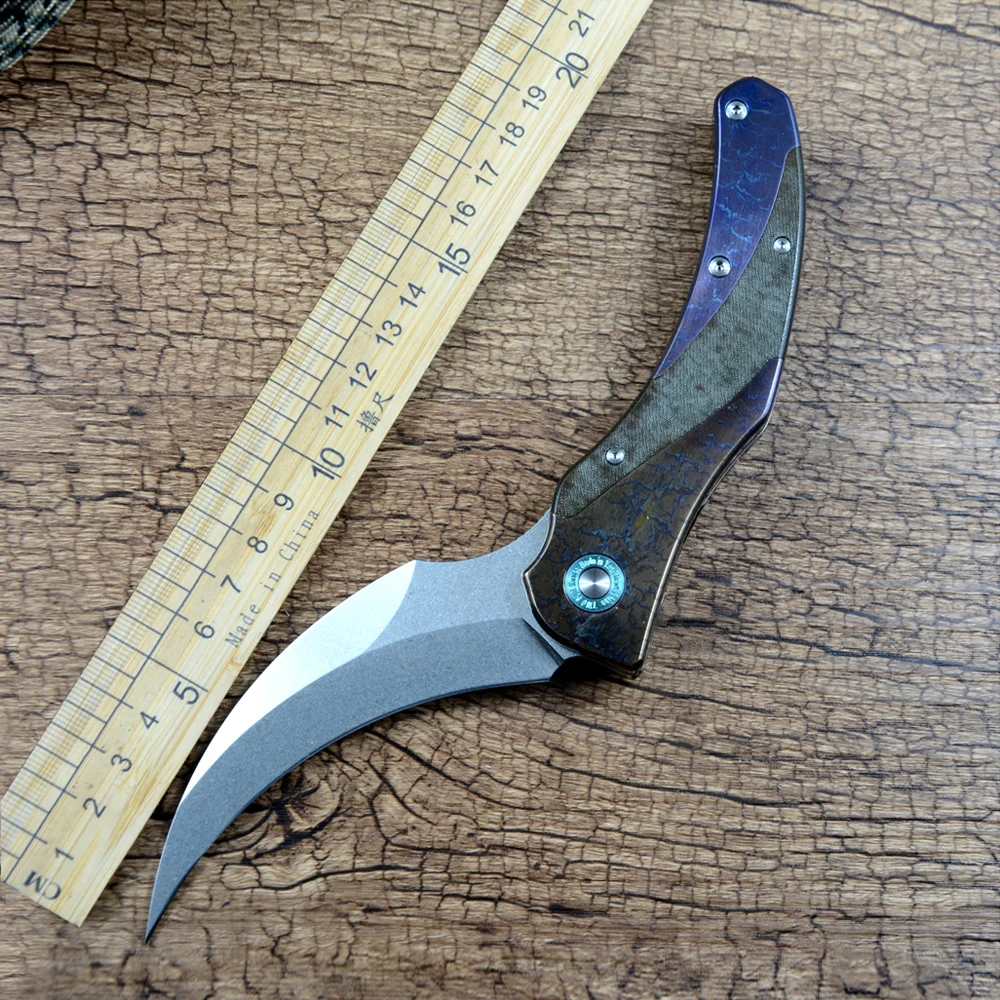 

TWOSUN Outdoor Curved Folding Knife D2 Stonewashed Blade Ceramic Ball Bearing Micarta Anode Titanium Handle TS348