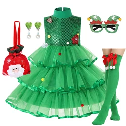 Kids Santa Claus Dress Green Xmas Clothes Party Dress Up Set Girls Christmas New Year Cosplay Costume For 2-10 Years