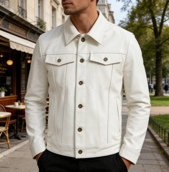 

New Men's Genuine Leather Jacket Stylish White Cowhide Coat Single Breasted Button Down Motorcycle Biker Outwear