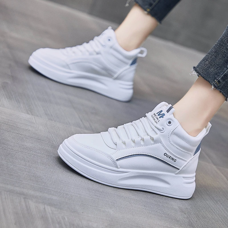 Women Pu Round Head Thick Bottom High Top Motion Sneakers 2024 New  Fashion Versatile Casual Vulcanized Shoes Spring Autumn