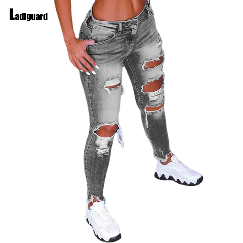 Large Big 5XL Women Sexy Hole Ripped Jeans Demin Pants 2023 Spring Femme Mid Cut Jean Bottom Womens Elastic Waist Denim Trousers