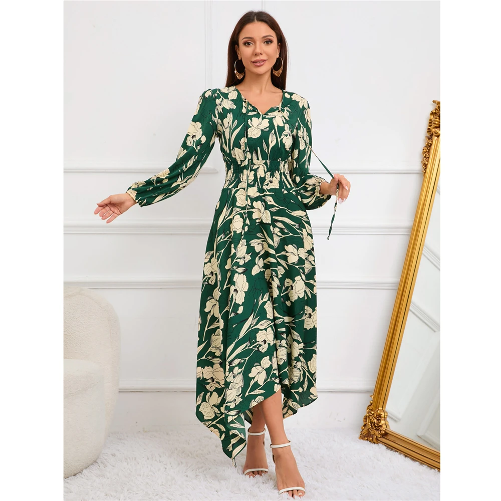 

Fashion Muslim Women Floral Print Abaya Long Maxi Dress Turkey Kaftan Islam High Wasit Party Gown Femme Holiday Sundress Vestido