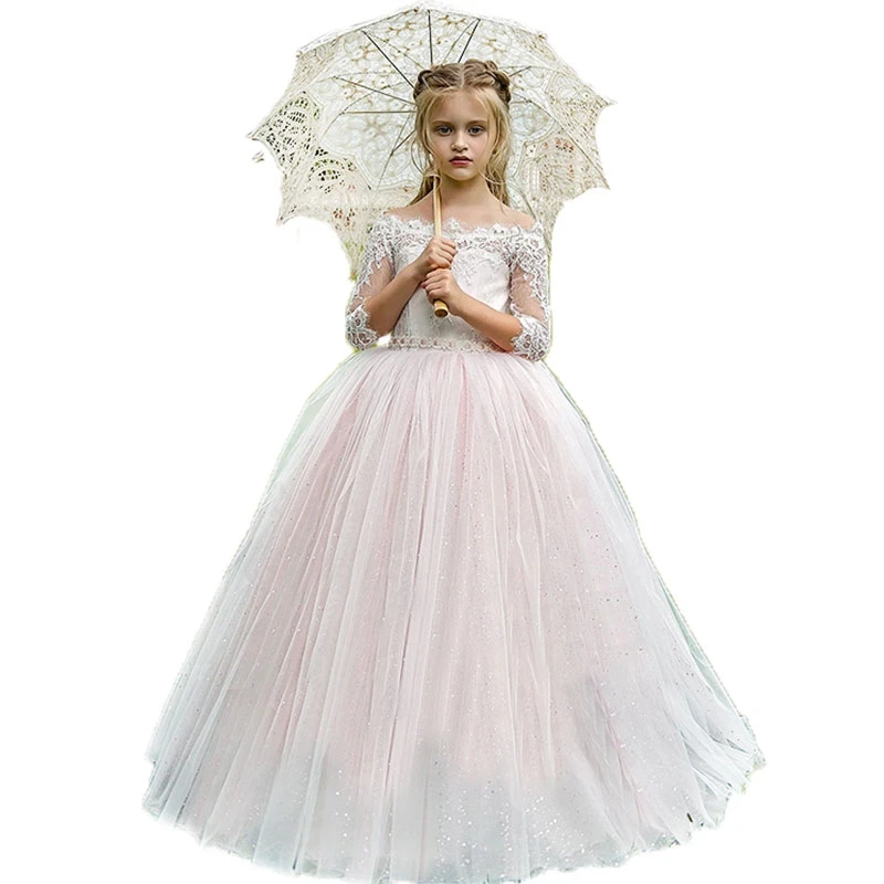 Elegant Flower Girl Dress For Wedding Off Shoulder Tulle Puffy Sequins Lace Host Piano Performance First Communion Birthday Gift