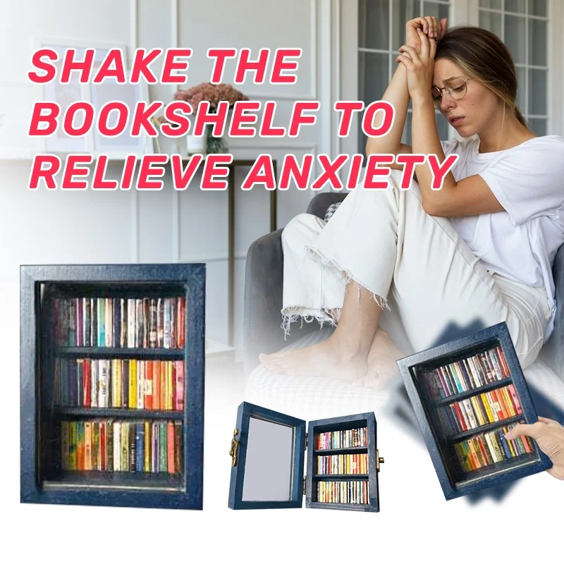 

Shake Away Anxiety Bookshelf Mini Anti-Anxiety Bookshelf Ornament For Desktop Decor Stress Reliever Wooden Library Birthday Gift