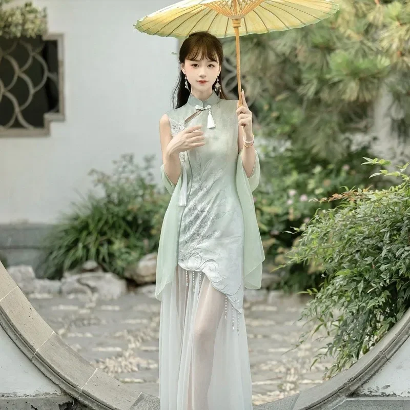 Chinese Traditional Women Qipao Green Bow Lily Print Tassel Fake Two Piece Improved Modern Cheongsam Vestido Medieval Mujer