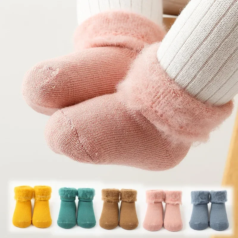 1 Pair Winter Warm Baby Sock Fashion Simplicity Solid Color Calf Sock for Toddler Boy Girl Thicken Plush Combed Cotton Sock