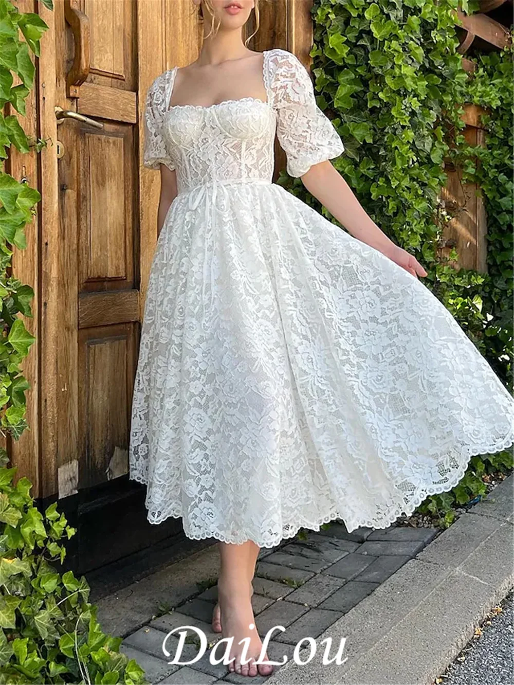 

A-Line Cocktail Dresses Elegant Dress Homecoming Party Wear Tea Length Square Neck Short Sleeve Lace with Pure Color Strappy