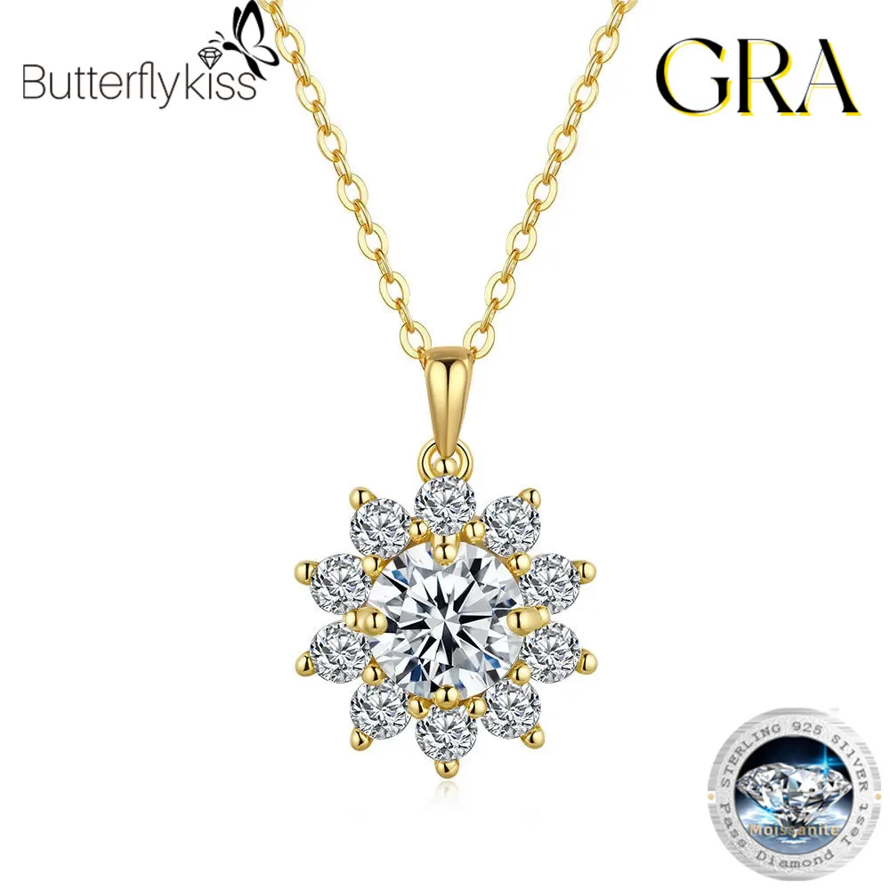 

Butterflykiss S925 стерлингового серебра кулон в форме цветка ожерелье 1CT муассанит ювелирные изделия женские украшения для свадебного подарка