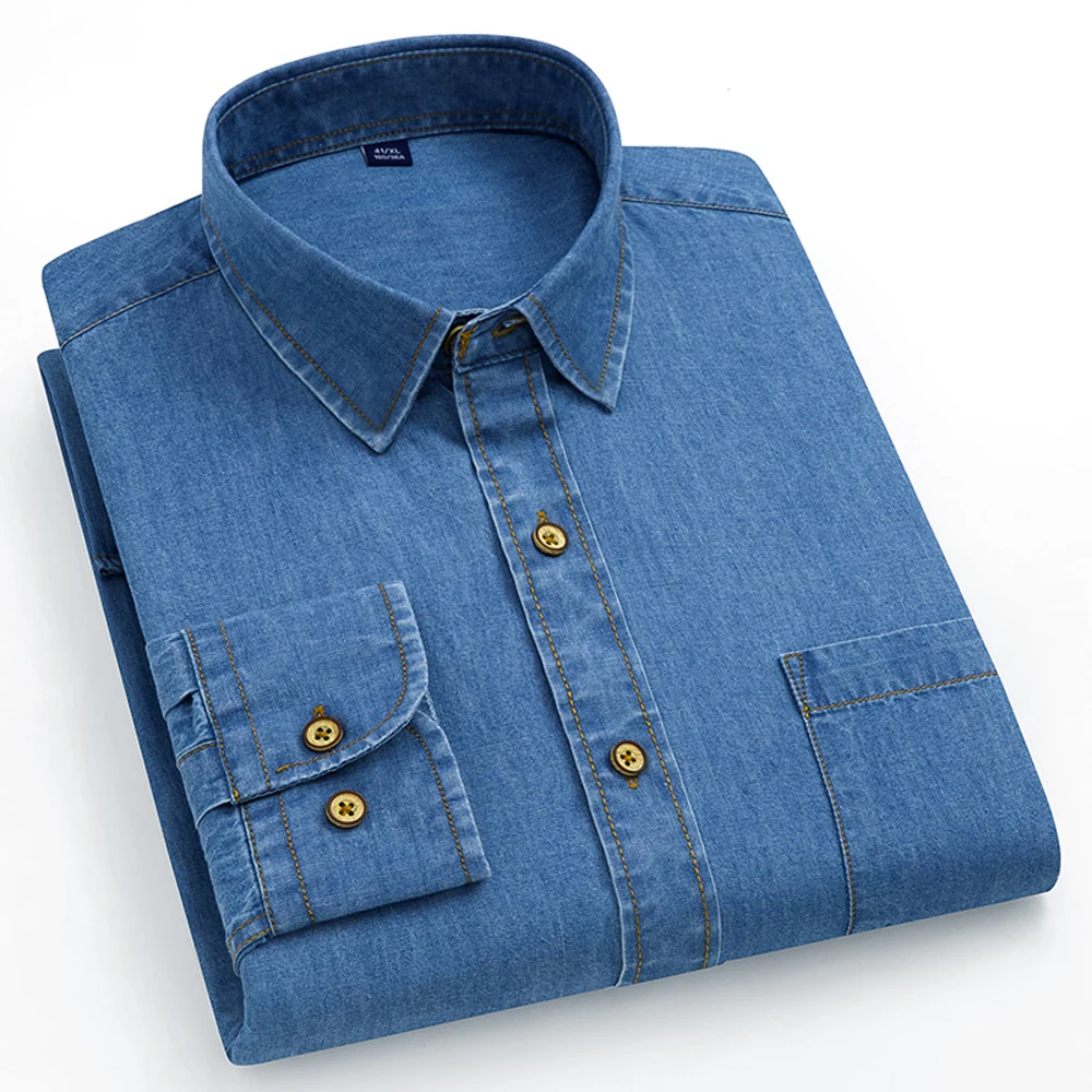 Men's Classic Long Western Denim Work Shirt Single Chest Pocket PU Leather Thickened Fleece CleanFit Windsor Collar 3D Effect