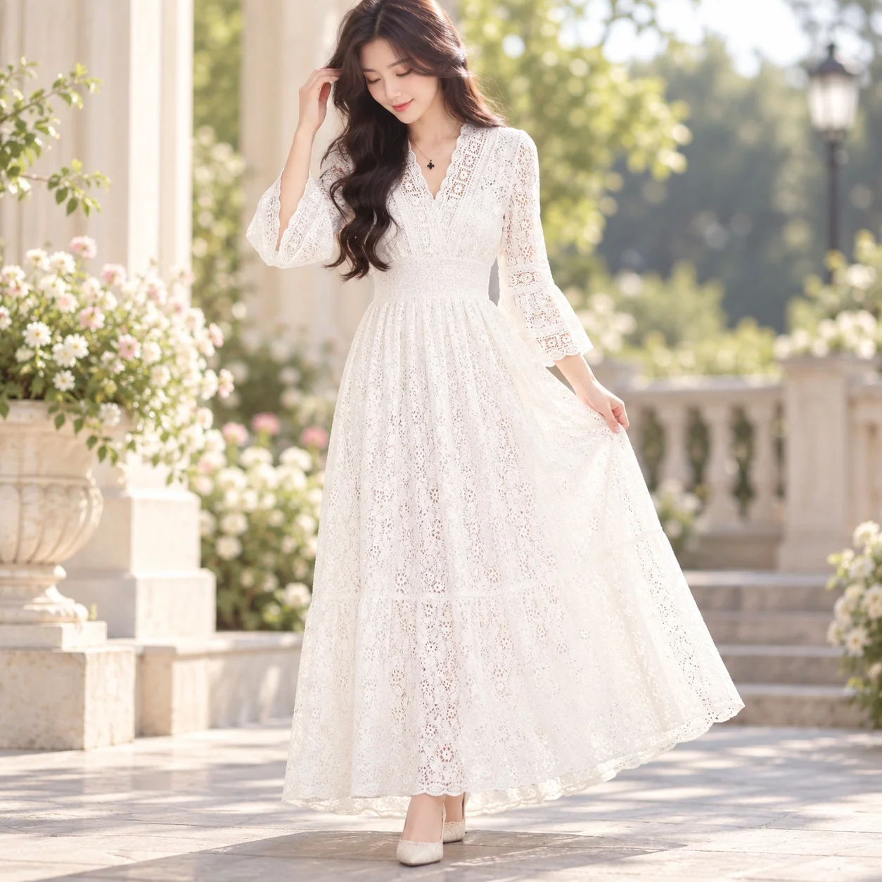 V Neck Single Dress Mid Waist Sweet and Fresh with Elegant Waist Cinching Daily Bell Sleeve Fitted Maxi Length Women Dress
