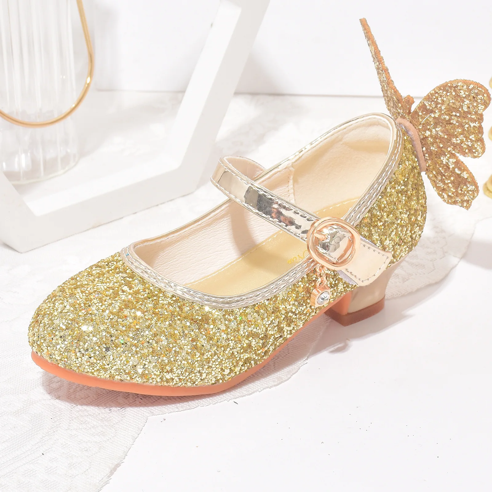 gold glitter dress shoes Kids Dress Sandals T-Strap Rhinestone Beaded Glit Buckle High Heel Shoes Gold main image 1