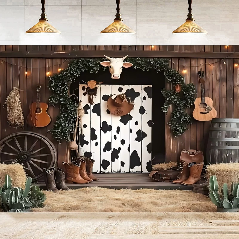 Photography Backdrop Western Farmhouse Cowboy Straw Pile, Farm Barn Poster For Family Party Decoration Background
