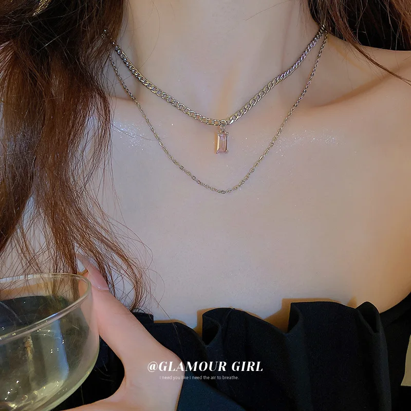 Cold wind set diamond geometric necklace fashion double laminated clavicle chain INS temperament collar   free shipping