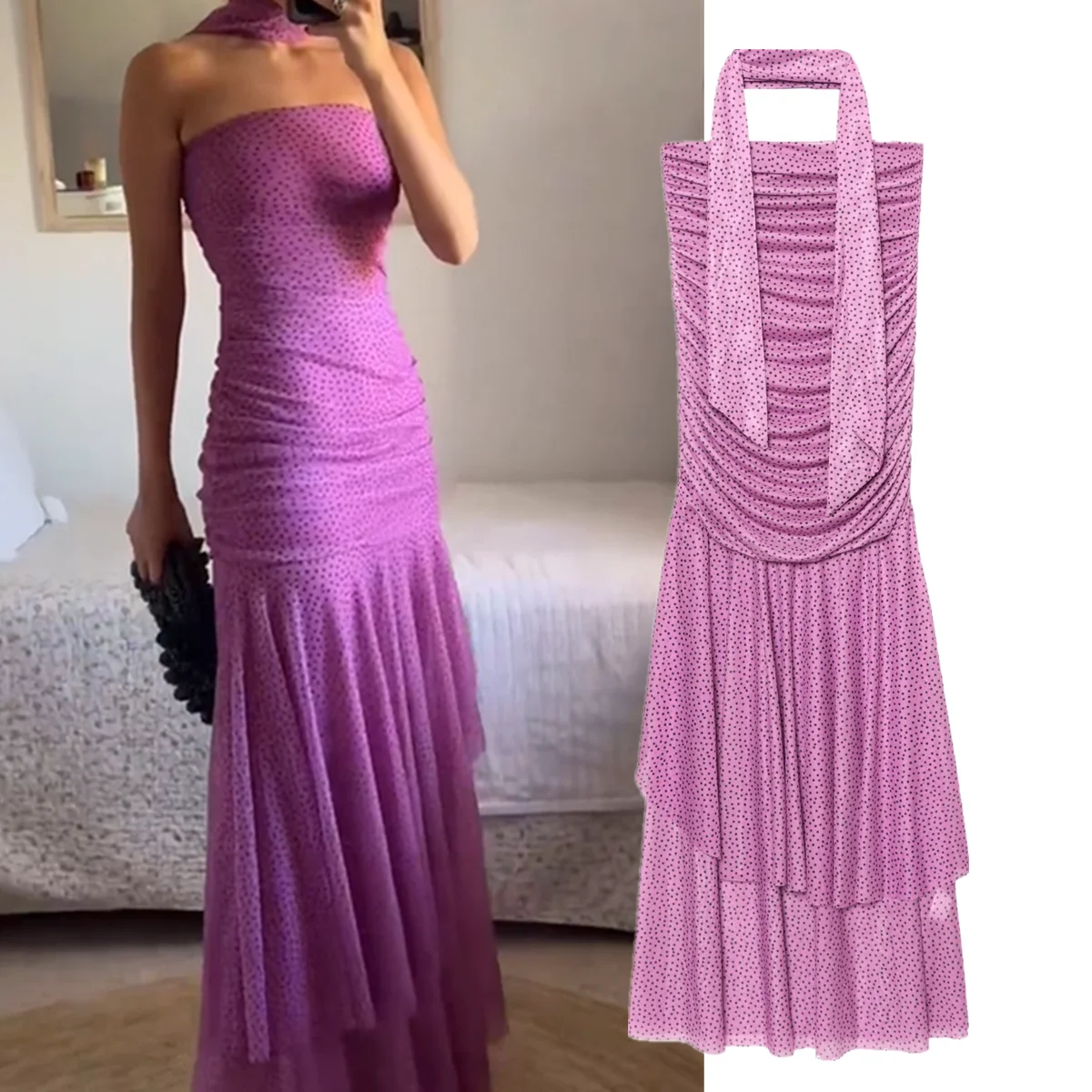 

Maxdutti French Retro Purple Polka Dot Suspender Dress Minimalist Fashion Ladies Sexy Halter Neck Backless Midi Dress Women