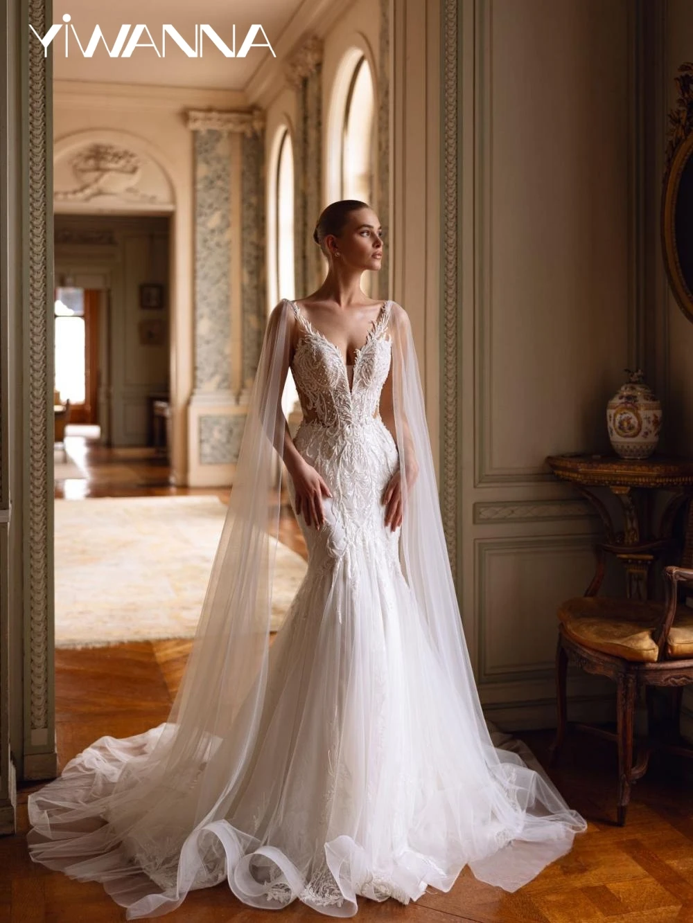 

New Shimmering Beaded Mermaid Long Wedding Dress Elegant V-neck Cape Sleeve Bridal Gown Customized Ivory Dresses For Bride