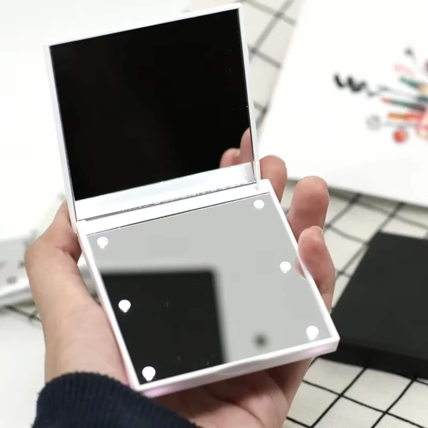 조 iyo 달린 6, светодиод 메닥 거울, 란 주 Makanan, 휴대용 여행 핑크, 블랙 화이트 접이식 화장품, 화