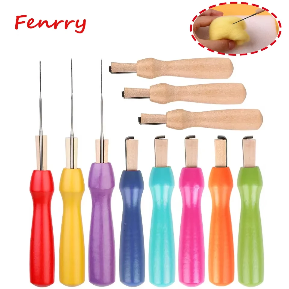 Fenrry 4Pcs Drewniany uchwyt Filc wełniany Narzędzia DIY Rzemiosło Igła do filcowania Akcesoria dla początkujących Filc wełniany Narzędzia do