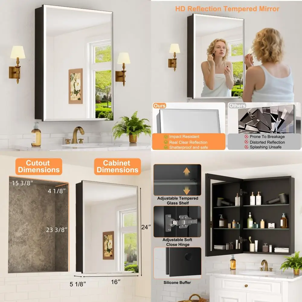 

Aluminum Framed Medicine Cabinet with Beveled Mirror, 16x24 Inches, Adjustable Shelf for Bathroom