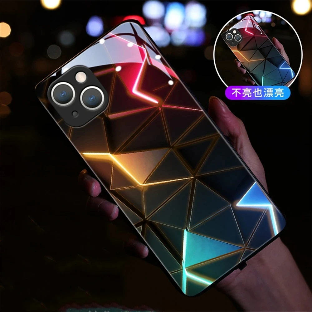 

Luxury Geometry LED Light Glowing Luminous Phone Case For iPhone 15 14 13 12 11 Pro Max Mini SE2020 X XS XR 8 7 Plus Back Cover