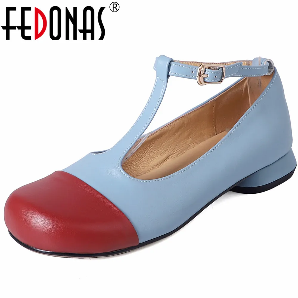 FEDONAS Low Heels Basic Women Pumps Round Toe T-Tied Genuine Leather Shoes Woman Spring Summer Fashion Mixed Colors Pumps Casual