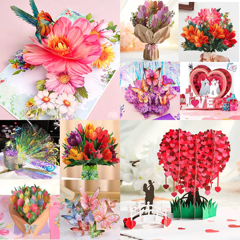 3D Pop Up Greeting Card Romantic Love Flowers Butterfly Bouquet Handmade Surprise Card Anniversary Birthday Valentine's Day Gift