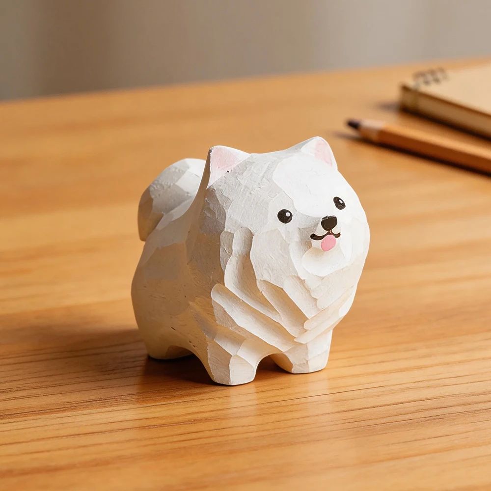 Hand Carved Decorative Wooden Samoyed Figurine Mini Cute Dog Puppy Statue Ornament Home Desk Wood Art Decor Gift for Dog Lovers