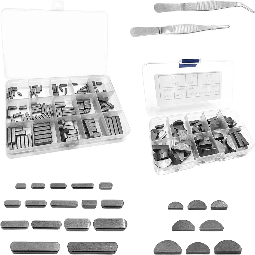 220Pcs Keyway Key Stock Assortment Kit Square Parallel Drive Shaft Keys with Woodruff Key Half Moon Keys Shaft Feather Key