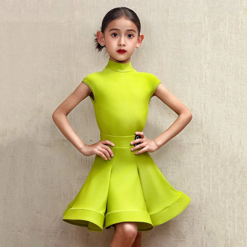 Kinderen Latin Dance Training Kostuum Kinderen Meisjes Romper en Fishbone Swing Rok Samba Competitie Danskleding Dames Competitie