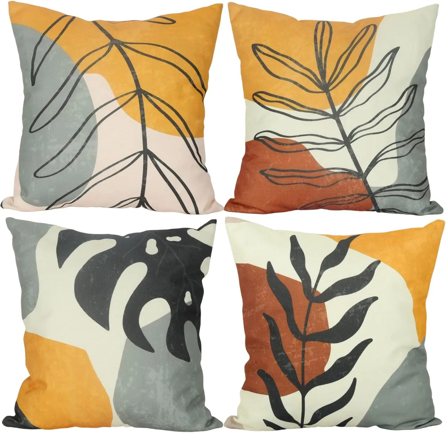 4pcs Yellow Gray Orange Black Line Leaf Abstract Printed Pillow Cover Polyester Cushion Case 2D Flat Printing Pillowcase Now