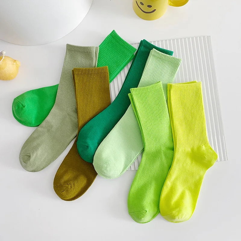 

1 пара женских красочных однотонных носков, флуоресцентные зеленые хлопковые носки средней длины для девочек, удобные домашние носки на четыре сезона