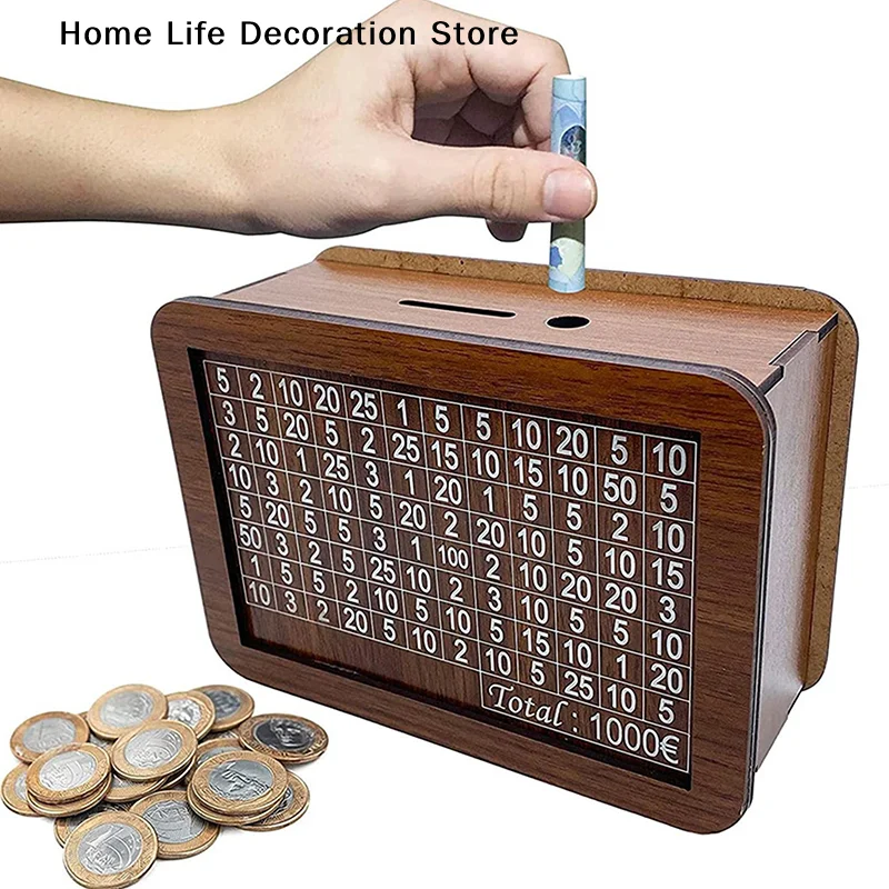 1000/3000/5000/10000 Euro Money Box Wooden Piggy Bank Reusable Money Vault Savings Box Challenge Cash Storage Case Children Gift
