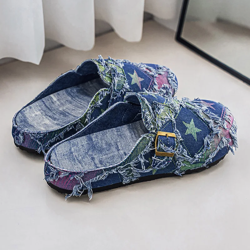 Star-Shaped Fringed Denim Mules, with a Distressed Tassel Design, Retro Lazy Style, Slip-On Loafers, Versatile and Comfortable.