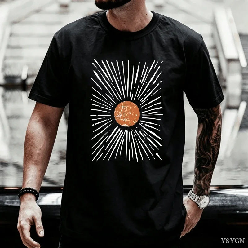 Summer Men's Retro Sunrise Sunshine Pattern Printed Round Neck T-shirt 100% Cotton Street Soft Breathable Neutral Short Sleeve