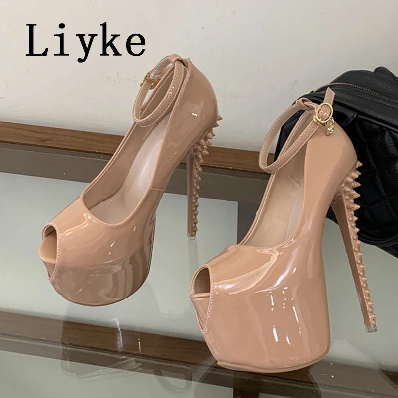 Liyke Fashion Design Rivet Stiletto Heeled Fetish Sandals Platform Pumps Women Walking Show Artifact Model Super High Heels Shoe - view 2