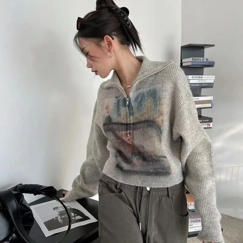 Pullovers Sweater with Zipper Sweatshirts for Women Orint on Full Zip Up Baggy Female Clothes Loose E Dropshiping 2000s M Tops