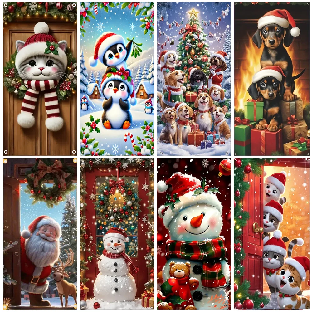 

Merry Christmas Tree Backdrop Cute Puppy Dog And Cat Door Bnner Santa Claus And Elk Christmas Party Decoration Supplies Kid Gift